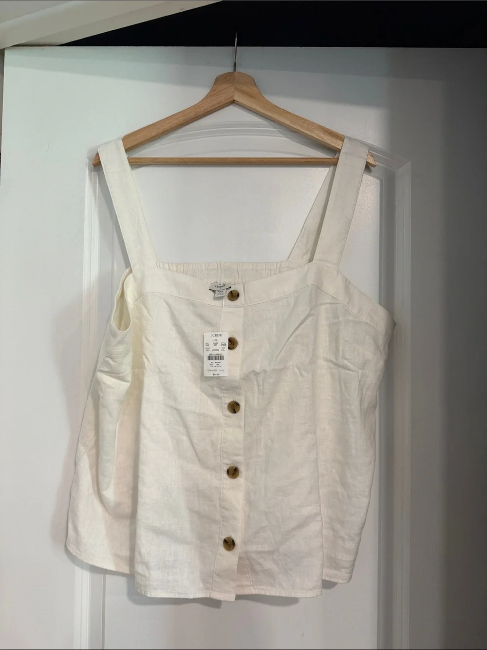 J. Crew Cream Button-Front Linen-Blend Tank Elastic Back Summer Vacation